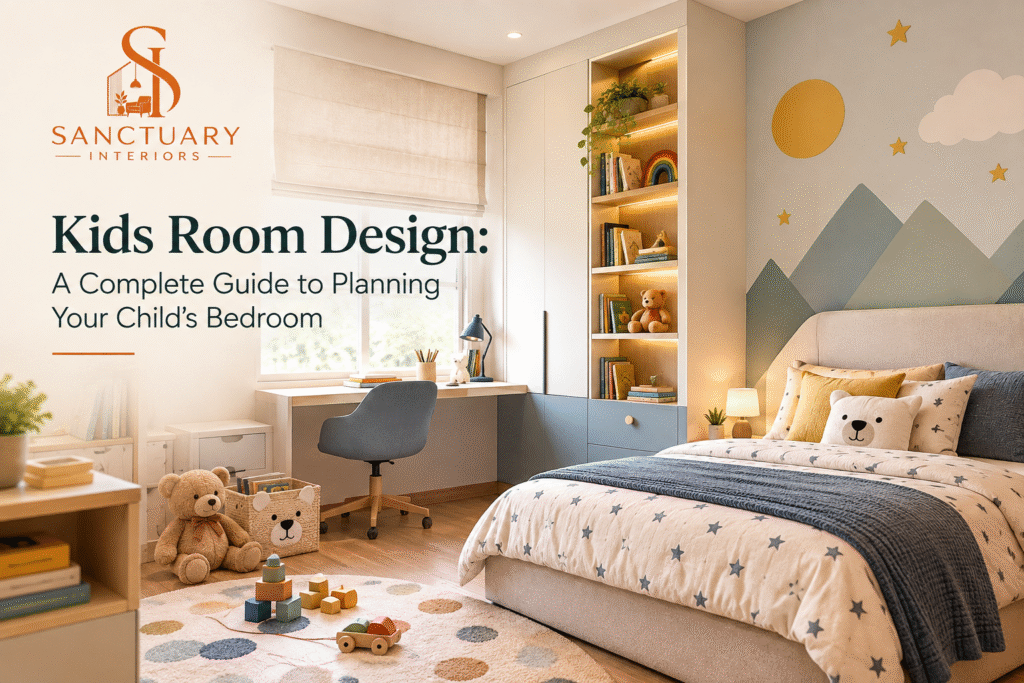 Modern kids room design with study area, storage, and cozy bedroom by Sanctuary Interiors.