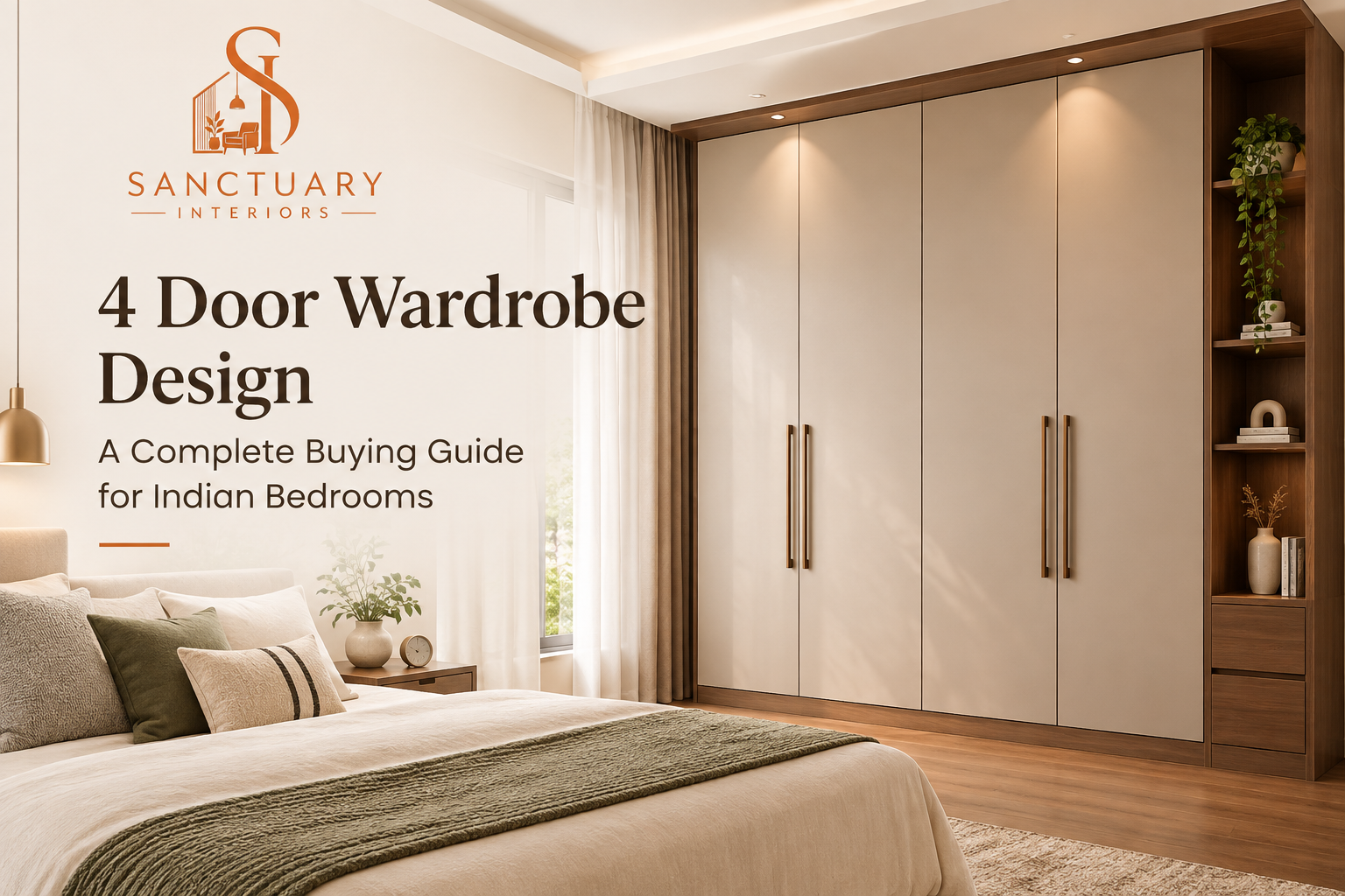 Modern 4 door wardrobe design in an Indian bedroom with beige finish by Sanctuary Interiors.