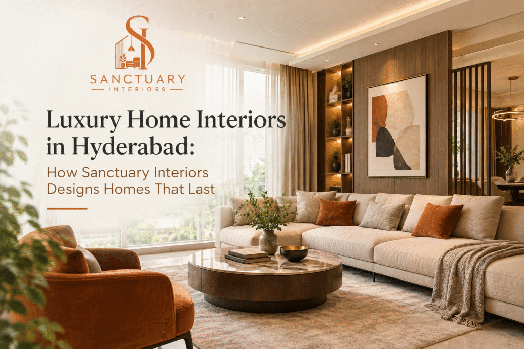 Luxury home interior design in Hyderabad by Sanctuary Interiors featuring a modern living room with premium furniture and elegant décor.